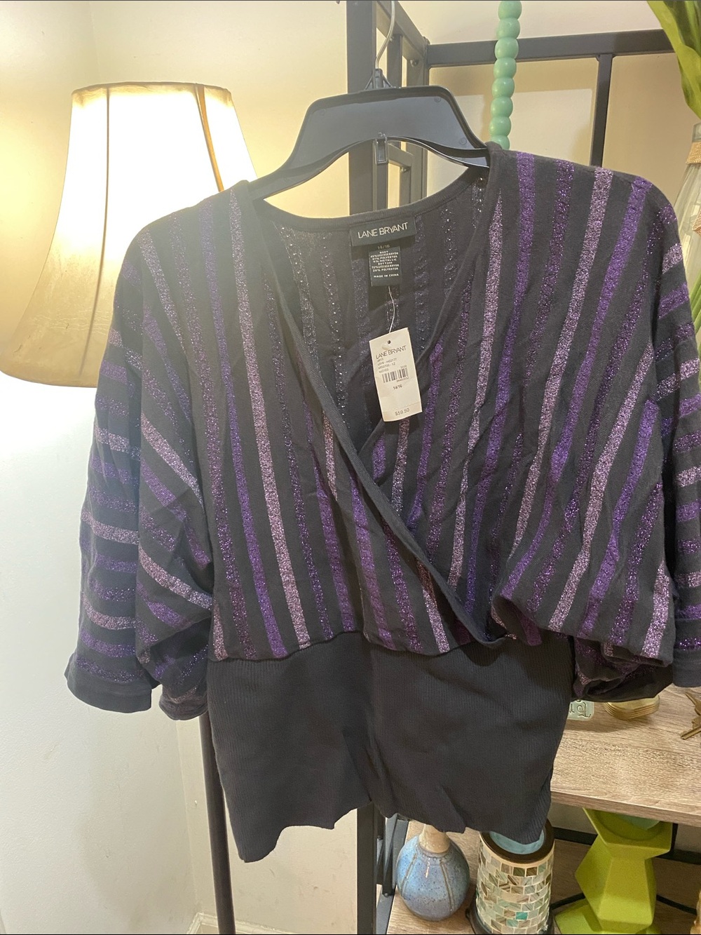 Lane Bryant Black Sweater with Purple Glitter Stripes